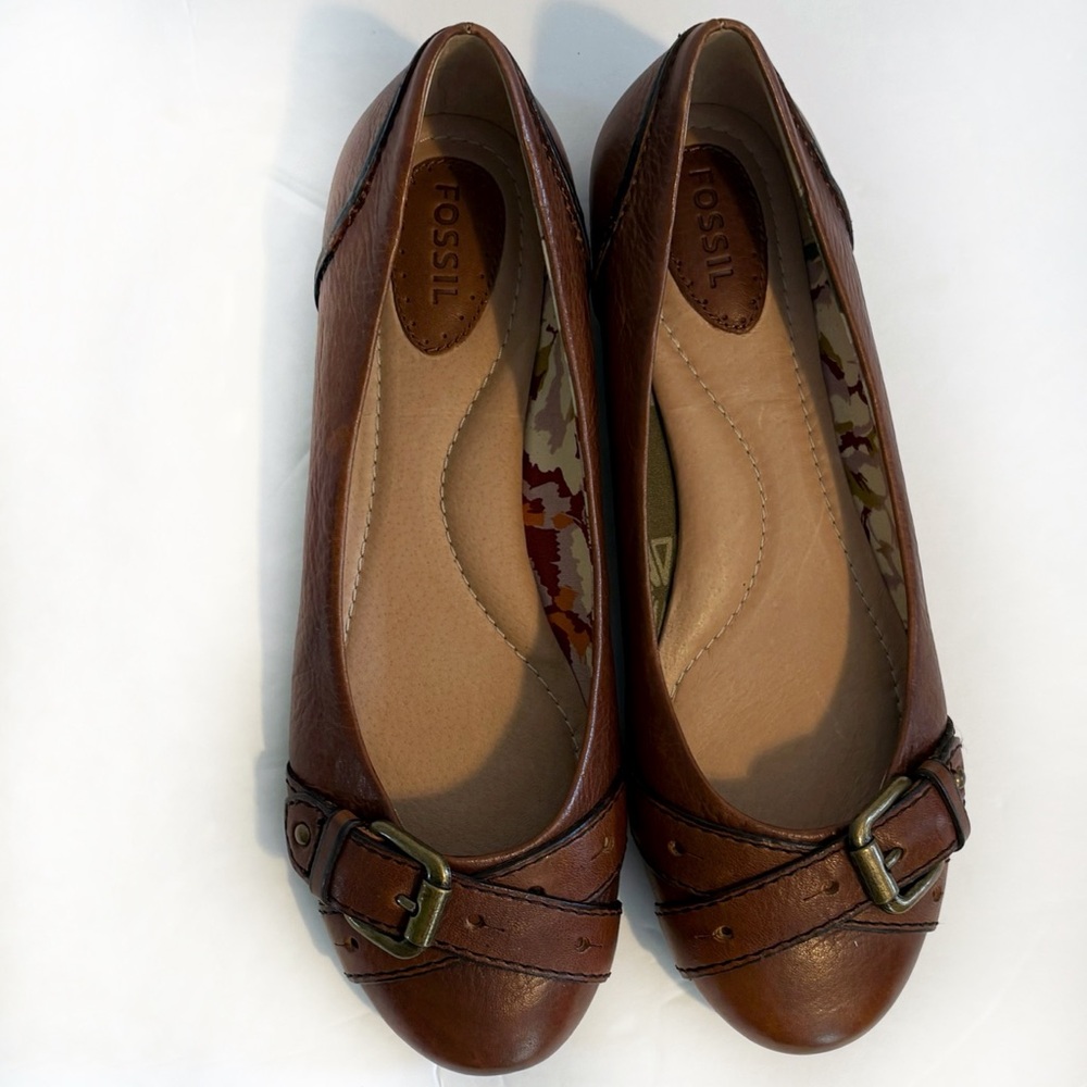 NWT Fossil Brown Leather Sandy Flats with Glossy Finish - Picture 5 of 12